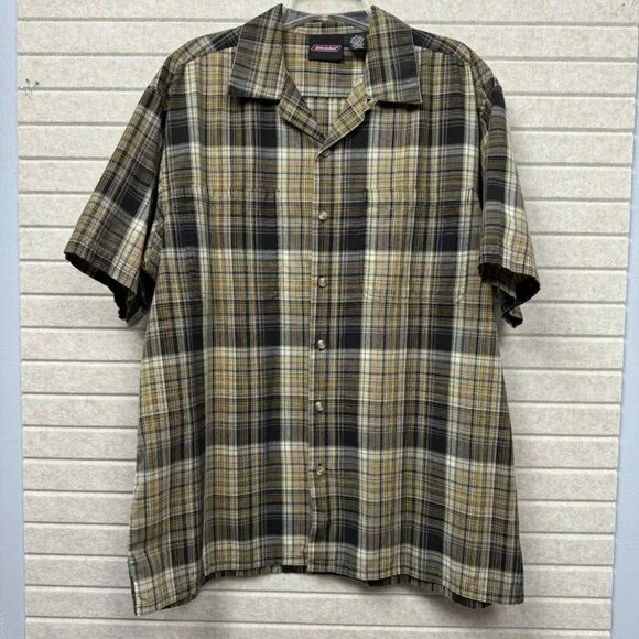 Dickies Men’s Short Sleeve Windowpane Plaid Work Shirt XL Brown Black Button-Up - Picture 2 of 8